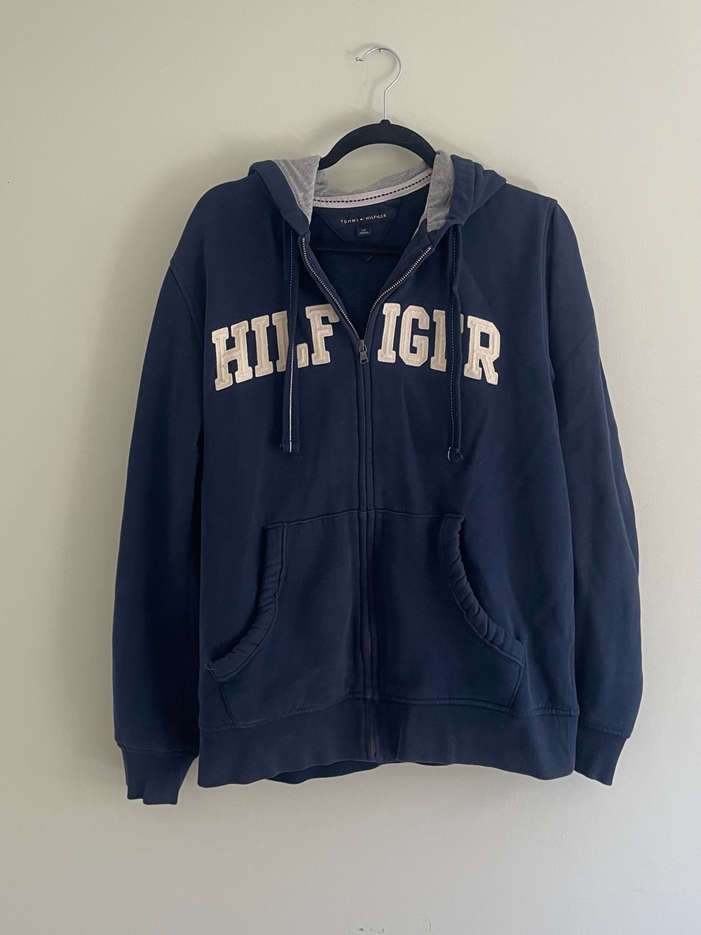 Tommy Hilfiger Navy Zip Front Hoodie with Light Gray Hood Lining